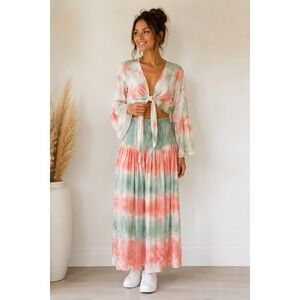 NWT White Waves Tie Dye Two Piece Set Crop Top / Wide Leg Pants Coral Green L/XL